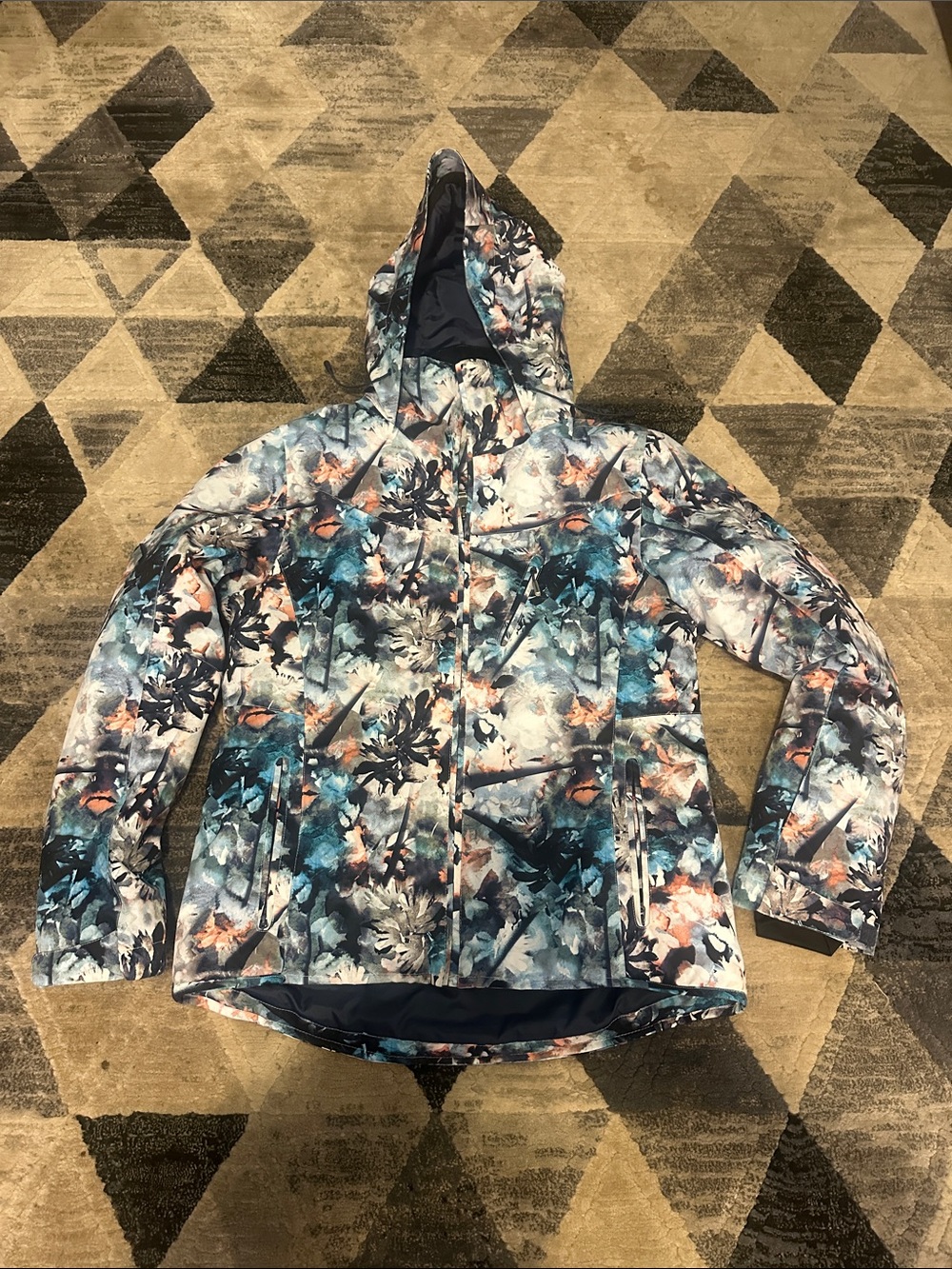 Roxy Floral Hooded Puffer Jacket - Blue, Teal & Coral